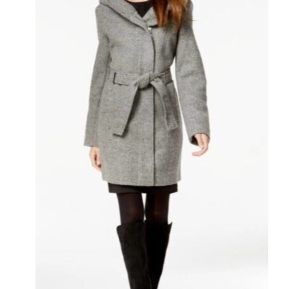 Like new Calvin Klein black color wool coat with belt and hood